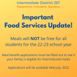 Meals will NOT be free for all students for the 22-23 school year